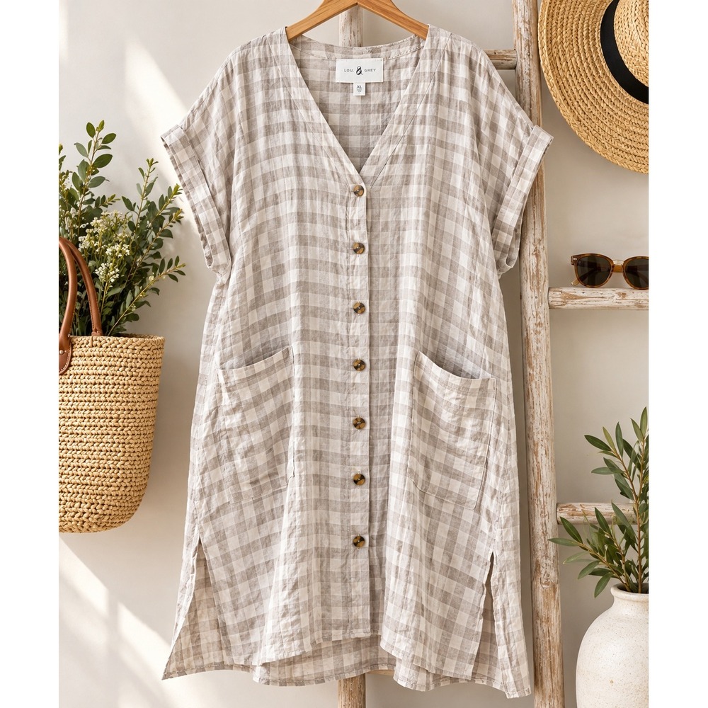 Lou & Grey 100% Linen Gingham Shirtdress XL Tan Cream Oversized Pocket Dress